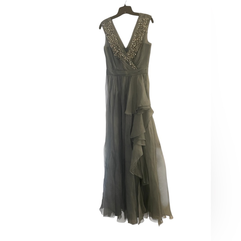 BADGLEY MISCHKA  Elegant Smokey BLUE silk  Gown with Beaded Detail. Size 6.